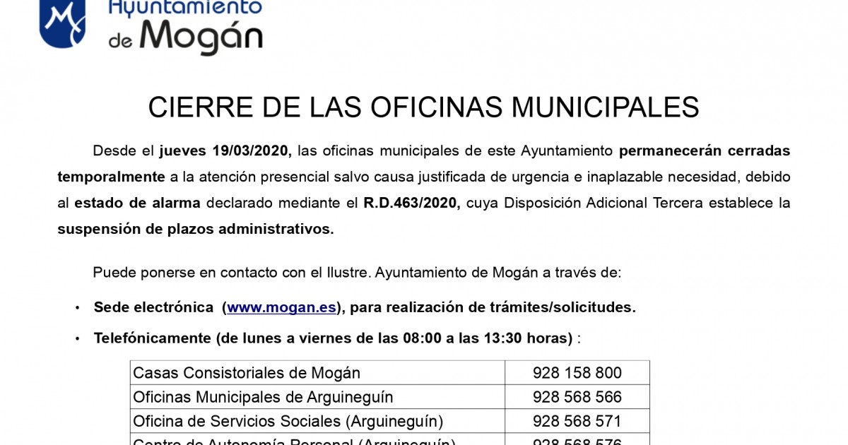 COMUNICADO: Cierre temporal de las oficinas municipales
