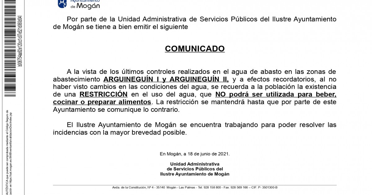Comunicado: Restricción del uso del agua en Arguineguín I y Arguineguín II