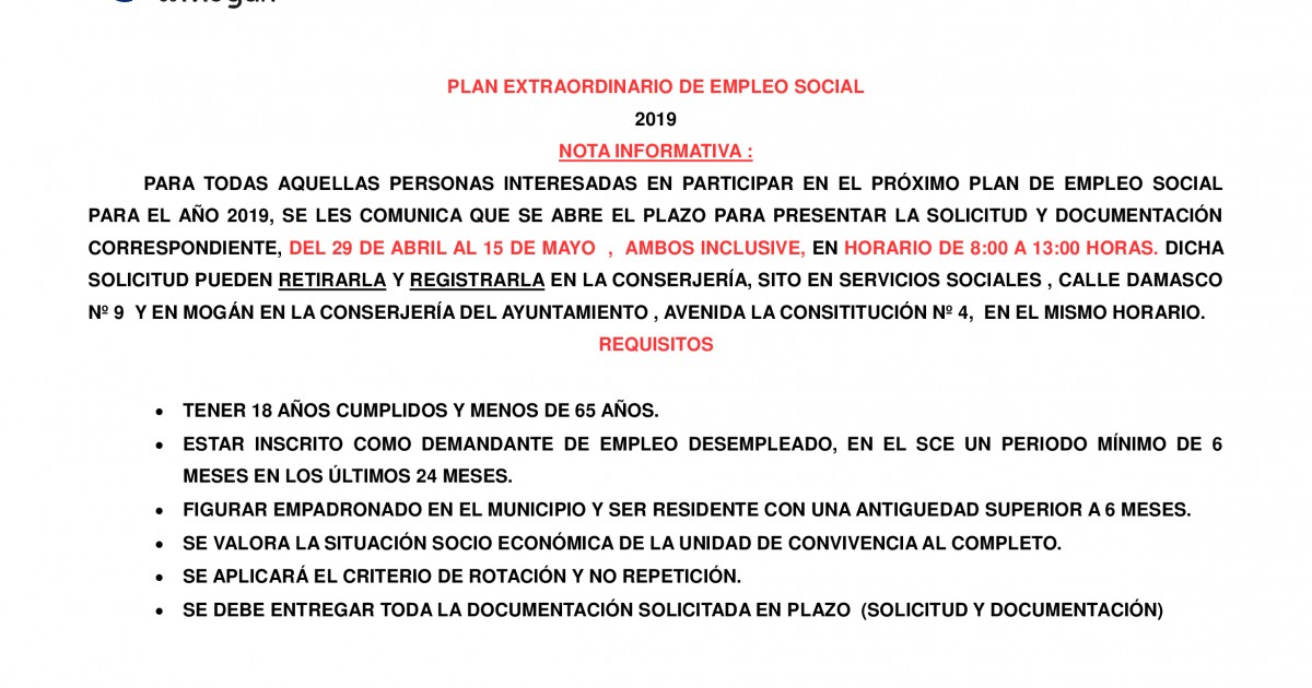 El lunes abre el plazo de solicitud para la segunda fase del Plan Extraordinario de Empleo Social 2019 de Mogán