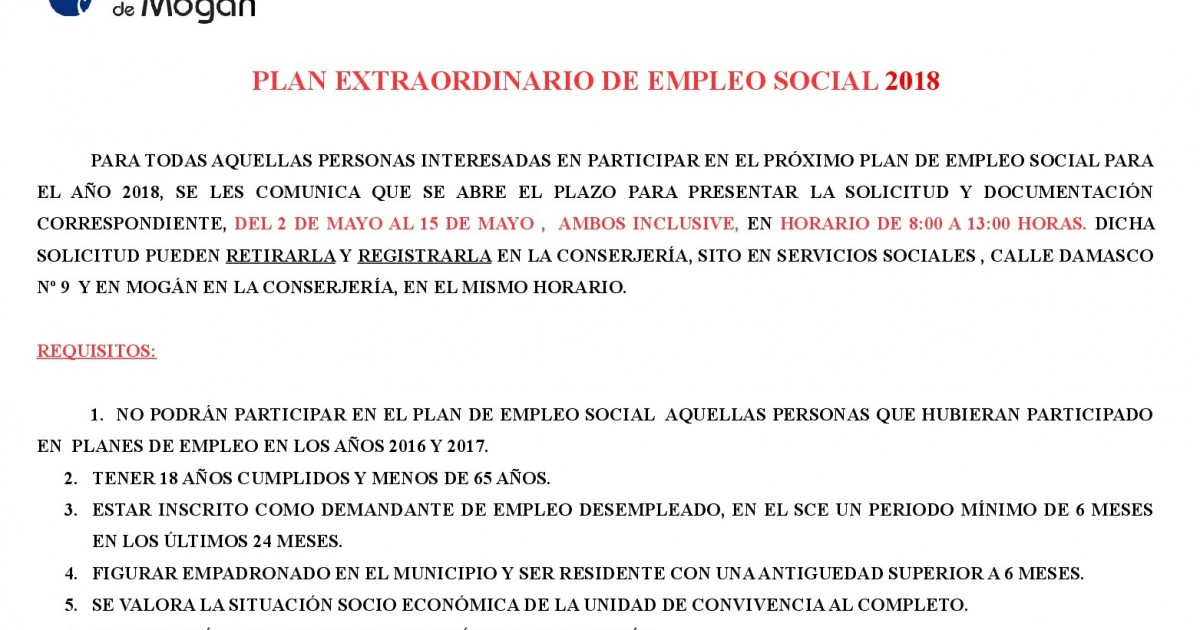 El Ayuntamiento de Mogán abre el plazo de presentación de solicitudes para el Plan Extraordinario de Empleo Social 2018