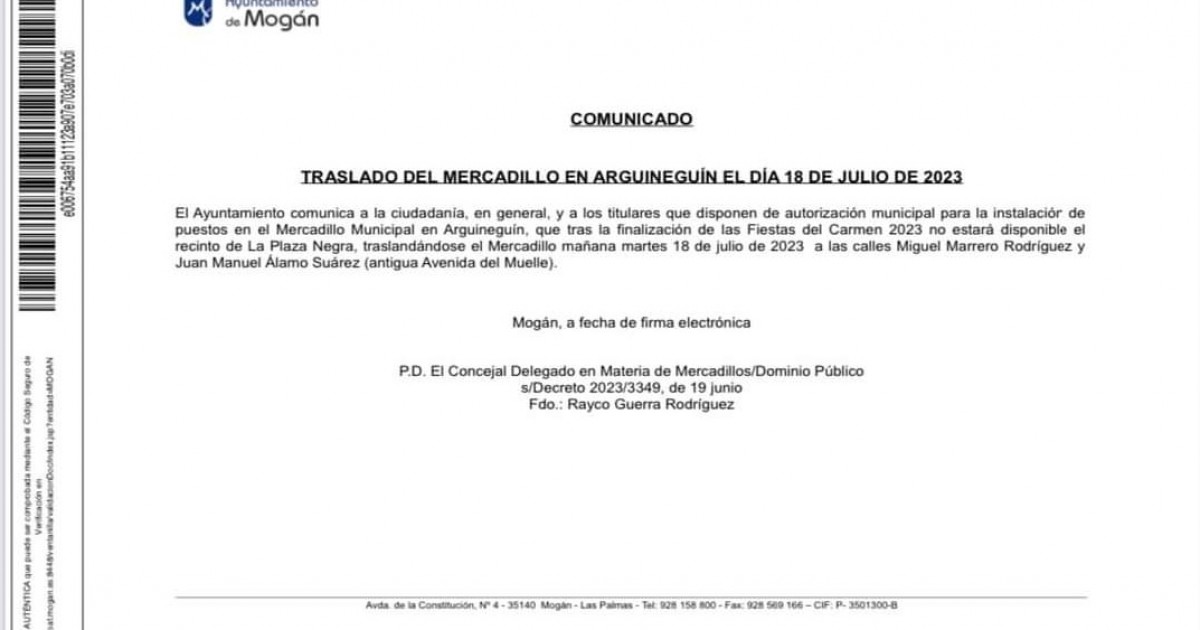 Zona de mercadillo de Arguineguín para el martes 18 de julio.