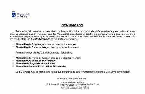 COMUNICADO: Suspensión del mercadillo de Arguineguín y del mercadillo de los lunes en Playa de Mogán